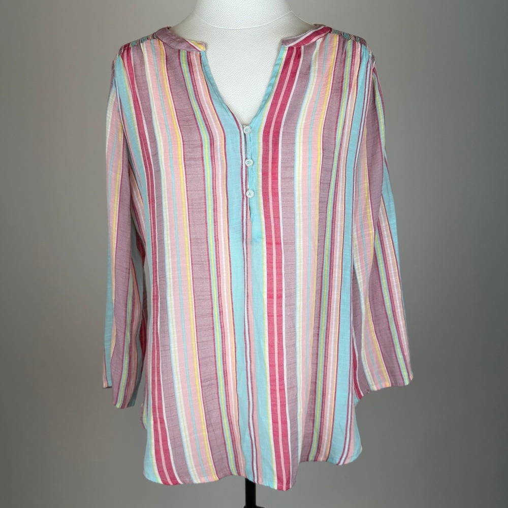 Lee Multicolor Striped Henley Blouse Roll Tab Sleeve Womens Medium Beach Boho